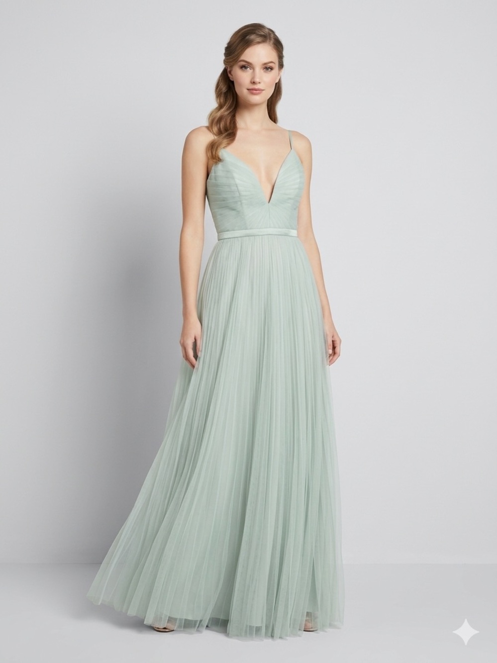 BCBGMaxAzria Pale Sage Pleated Tulle V-Neck Maxi Dress